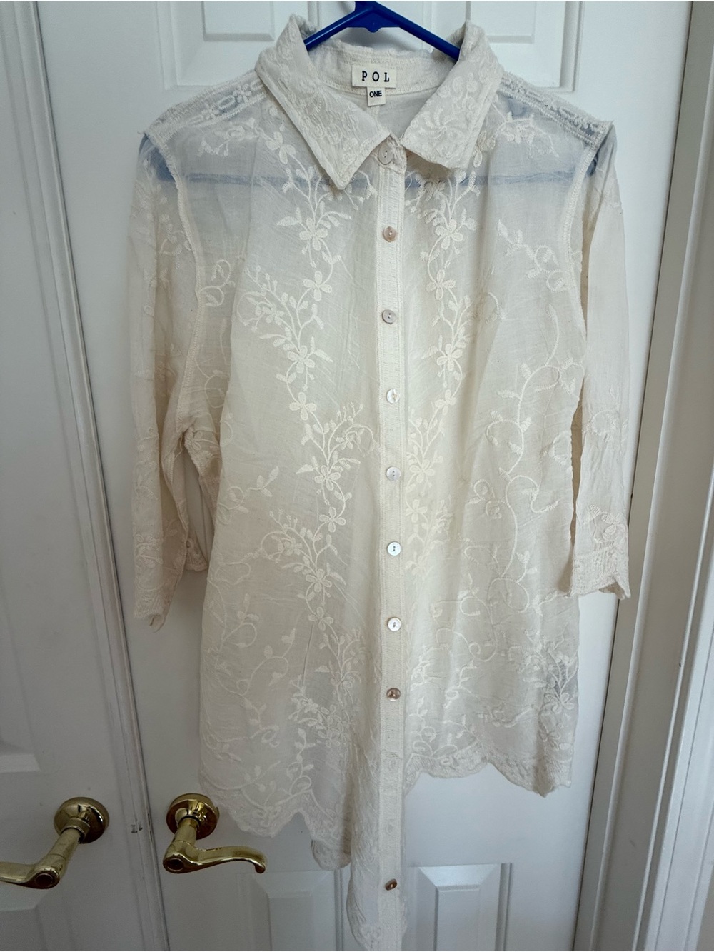 POL Sheer Embroidered Button-Down Shirt or Shirt Jacket in Cream